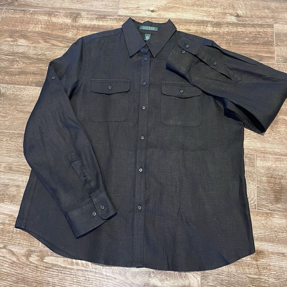 Lauren Ralph Lauren Shirt Womens L Black Linen Button Front Roll Tab Sleeves